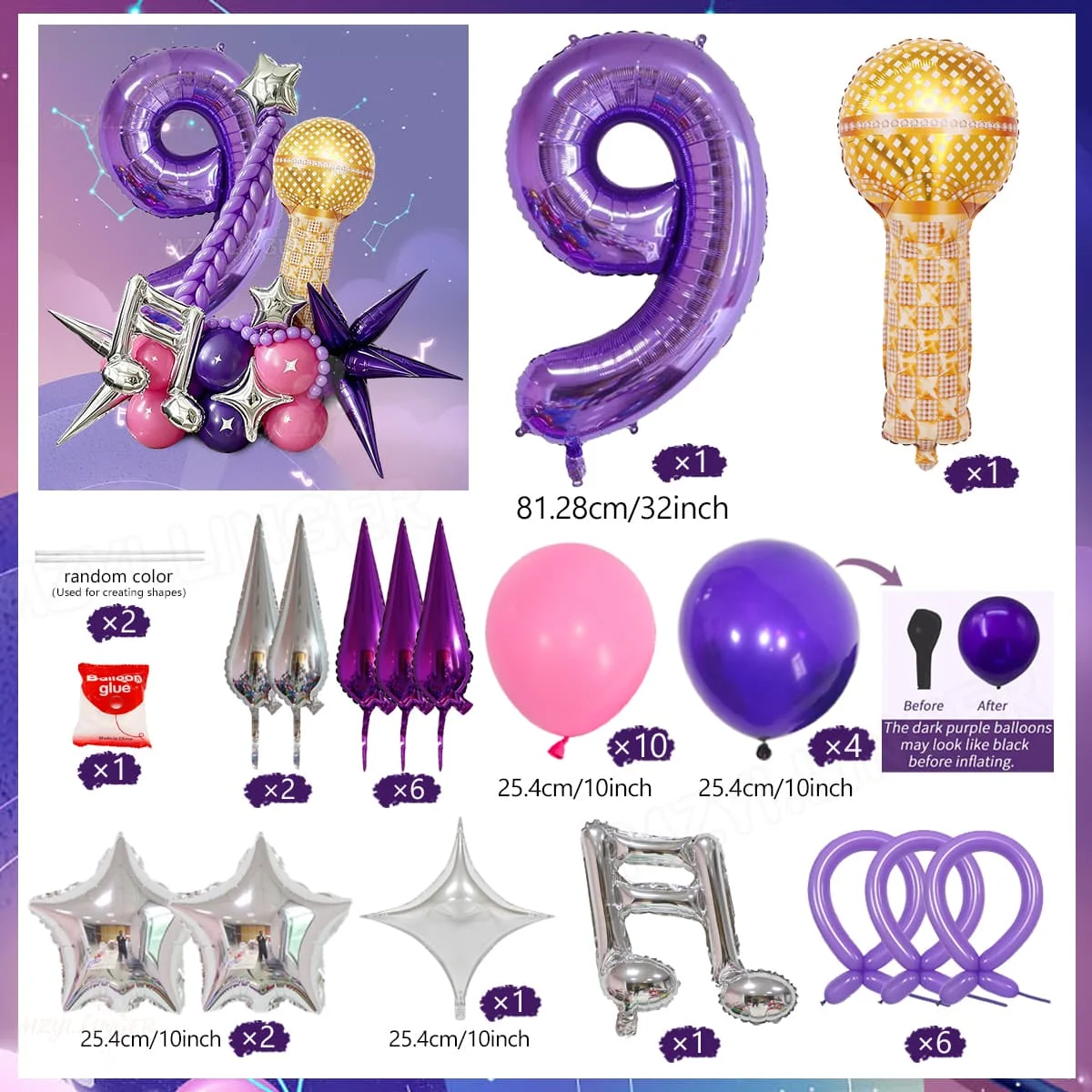 Lila Zahlenballon und Notenballon-Set, Mikrofonförmiger Ballon für Geburtstagsfeiern, Disco- und Musikpartys, Dekoration (0-9) – Detail 10