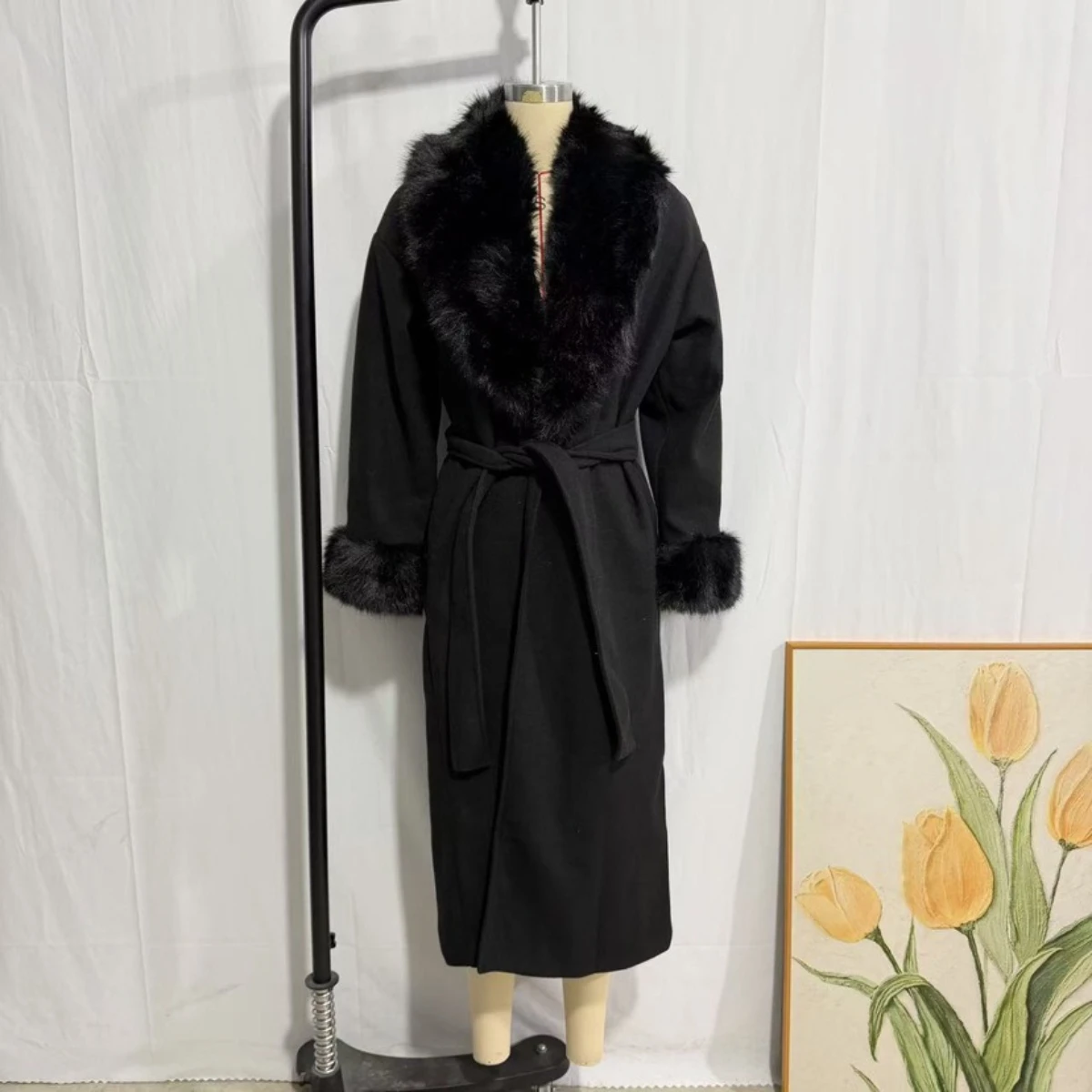 Long Loose with Fur Collar Coats with Belt Patchwork Wool Cardigans Solid Office Lady Long Overcoat Winter Thick Women's Jacket