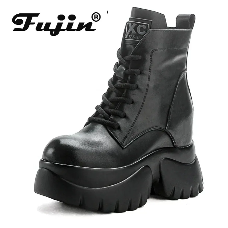 

Fujin 9cm Spring Women Boots Ladies ZIP Flats Platform Wedge Females Shoes Cow Genuine Leather Ankle Knee High Boots Autumn