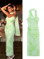 HH Vestido Midi de tul decorado con bufanda romántica verde claro para vacaciones de verano para mujer, vestido largo ajustado con espalda descubierta y tirantes Sexy
