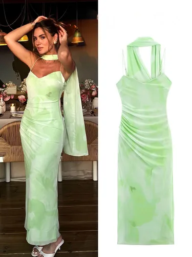 HH Vestido Midi de tul decorado con bufanda romántica verde claro para vacaciones de verano para mujer, vestido largo ajustado con espalda descubierta y tirantes Sexy