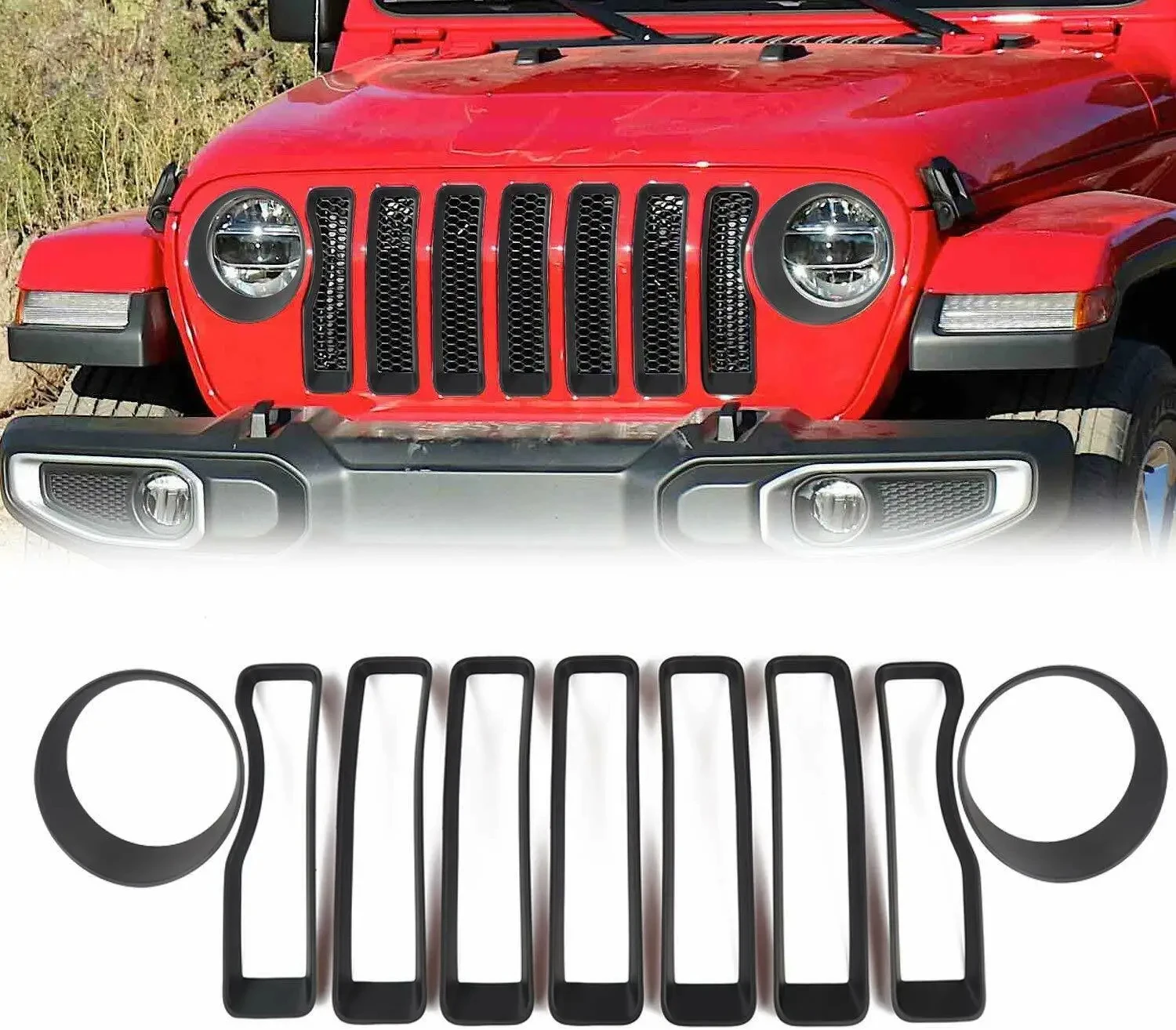 Für Jeep Wrangler JL JLU 2018-2022 Mesh Frontgrill Einsatz Scheinwerfer Abdeckung Zierleiste Schwarz 1 Set Außenzubehör – Detail 7