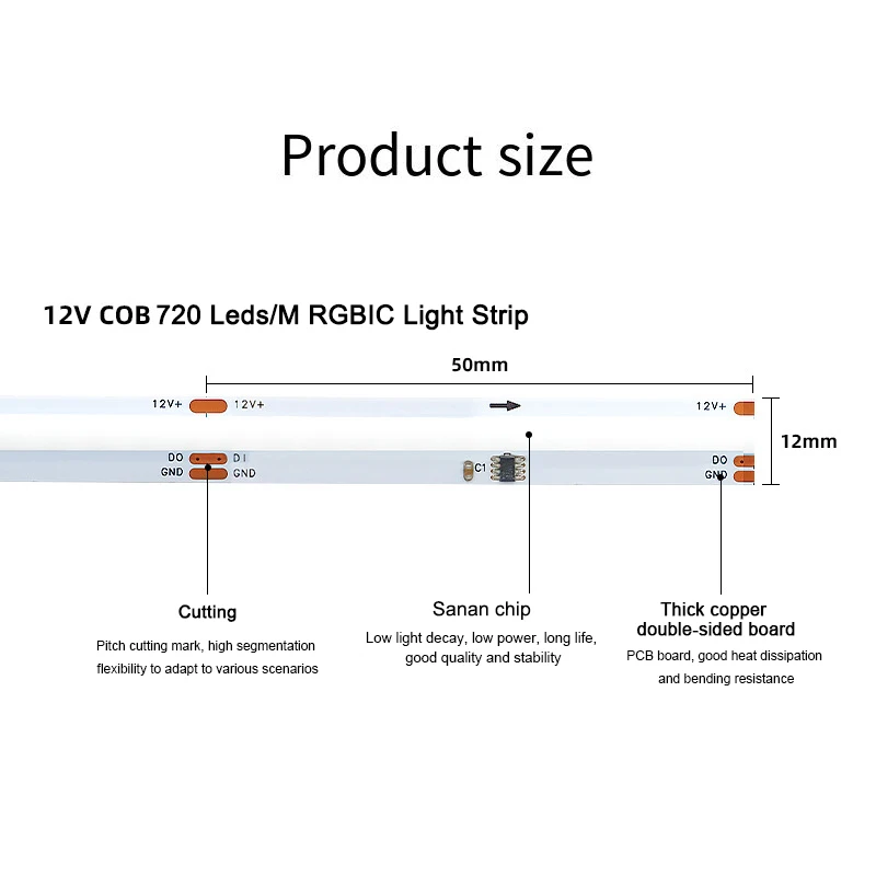 Hight Brightness Dimmable 720leds/M Cri 90 Cct Rgbic Cob Led Strip Addressable Rgb Flowing Water Light Strip