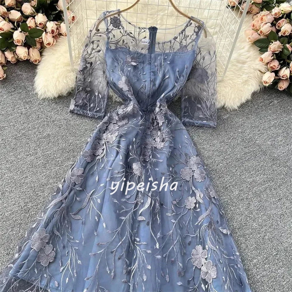 Tulle Applique Beading Ruched Evening A-line O-Neck Bespoke Occasion Gown Midi Dresses