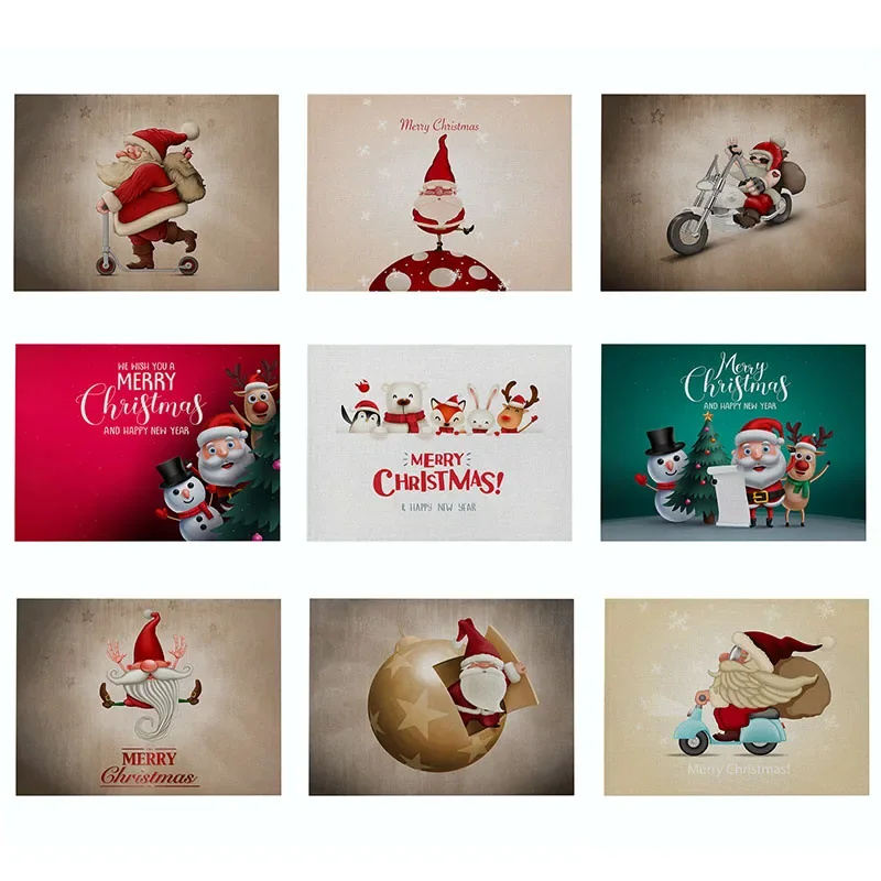 

Christmas Kitchen Placemat Cartoon Santa Pattern Decorative Table Mats Waterproof Drink Coasters Linen Cup Mats Western Placemat