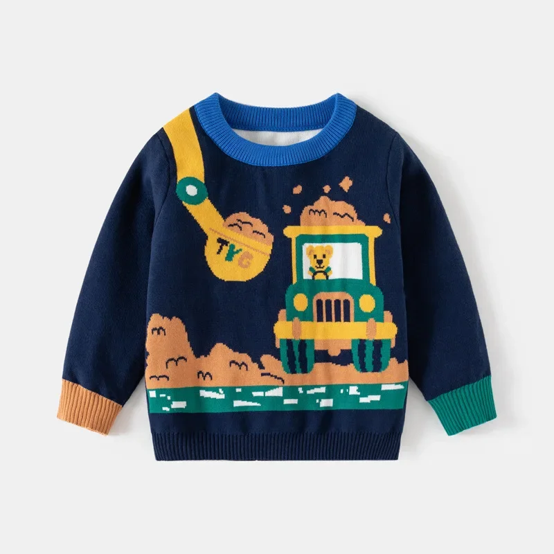 2-8T Toddler Kid Baby Boy Sweater Winter Clohtes Knit Pullover Top Car Print Infant Sweater Cute Loose Warm Knitwear Outfit