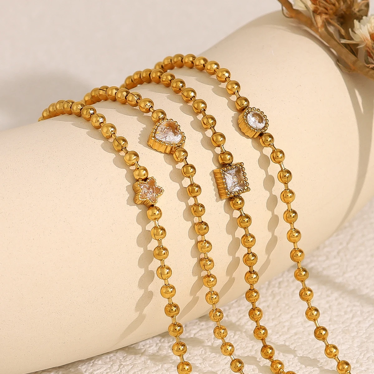 WILD & FREE Trendy Stainless Steel Beads Bracelets for Women Luxury Geometric Heart Star Crystal 18K Gold Plated Jewelry