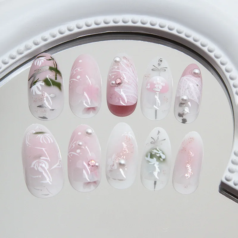 24pcs Pink Flower Pattern False Nails Ins Pearl Shiny Fake Nails Wearable Detchable Short Almond Sweet Korean Press on Nails