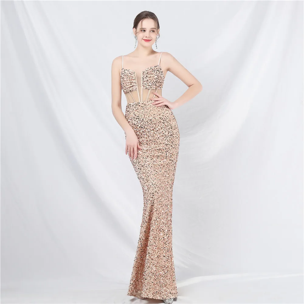 DEERVEADO Mermaid Strap V Neck Sequins Evening Dress for Woman Elegant Formal Party Maxi Dress for Speical Events Evening Gown