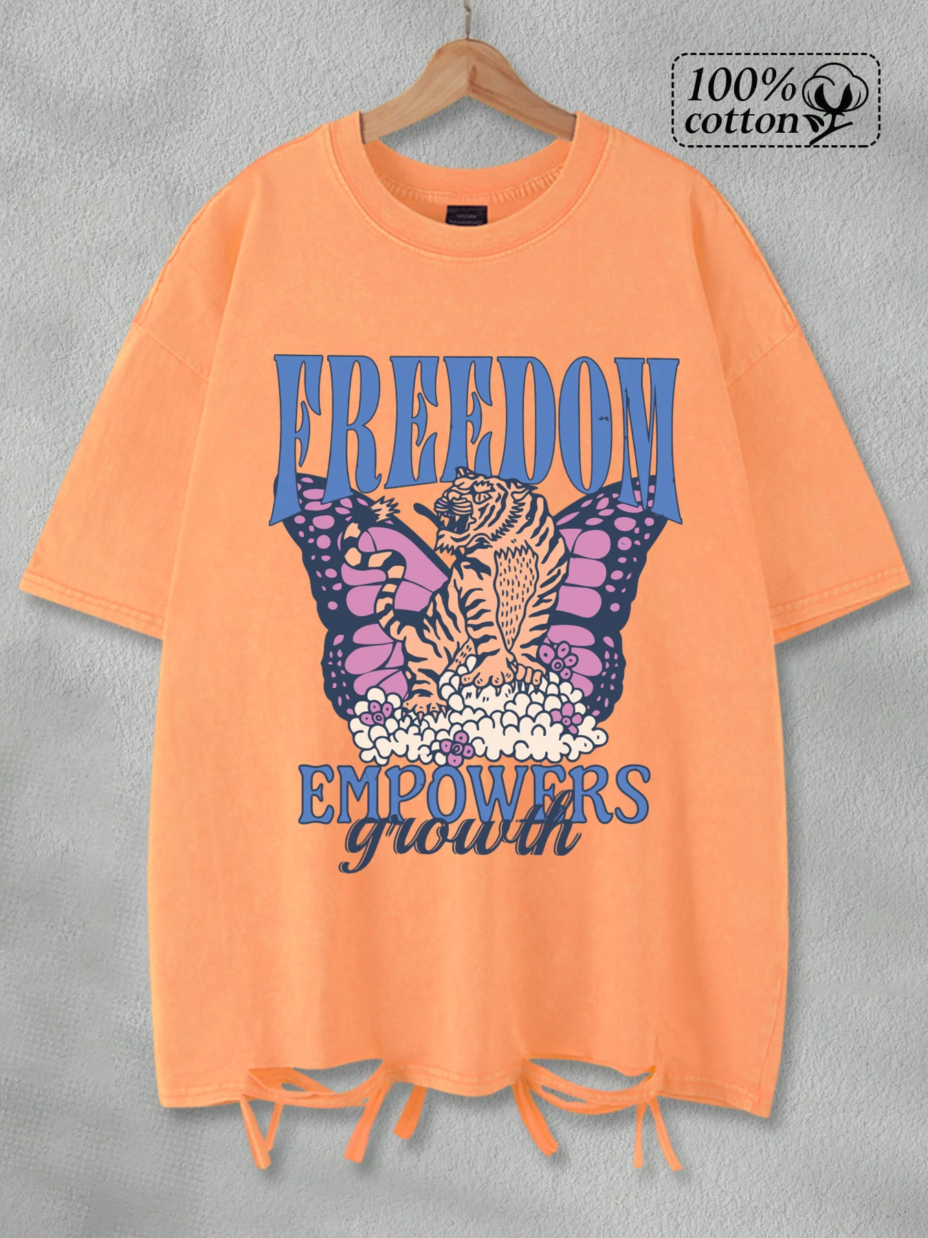 

Freedom Empowers Glowth Butterfly Print Men Washed Holes T-Shirt Oversize Hip Hop T Shirts Casual Top Cotton Crewneck Clothing