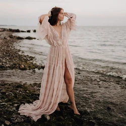 Vestido largo de maternidad plisado de estilo bohemio para sesión de fotos del embarazo, frente abierto