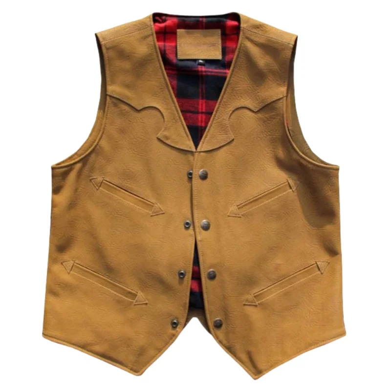 

Yellow Four Seasons Leather Vest Men American Retro Style Plus Size 3XL Genuine Natural Cowhide Short Single Breasted Vest