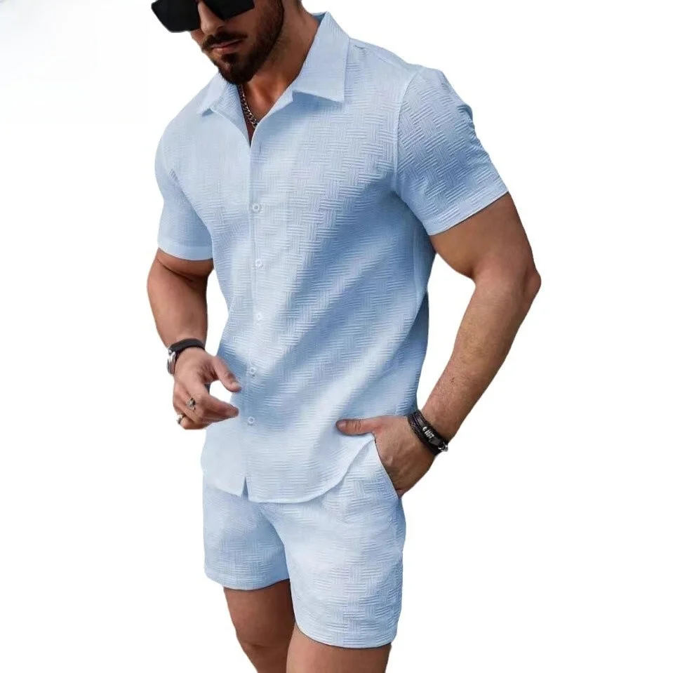 Men's Fashionable Short Sleeve Shirt And Shorts Set Casual Sports Beachwear Standard Fit Polyester Fiber Bright Thread