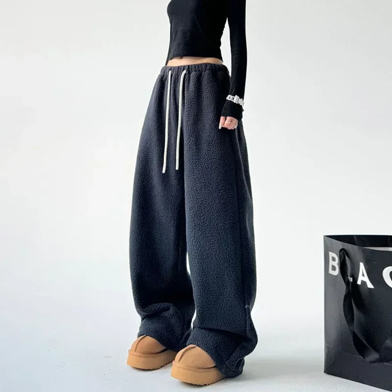 Deeptown Y2k Vintage Winter Sweatpants Woman Korean Popular Baggy Sports Thick Pants Office Lady Basic Wide Leg Warm Trousers