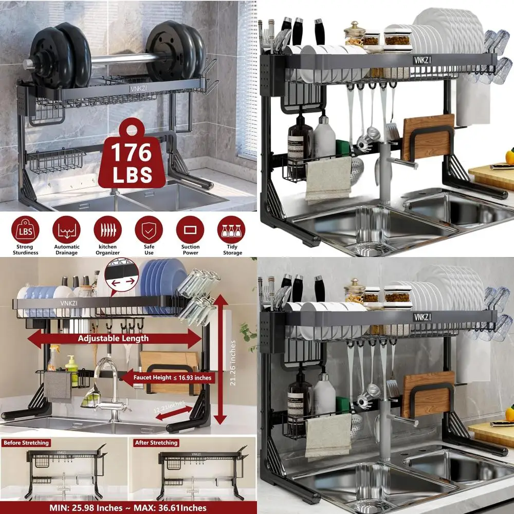 

Adjustable 2-Tier Stainless Steel Sink Dish Drying Rack, Expandable Kitchen Organizer, Space-Saving Counter Storage Rack