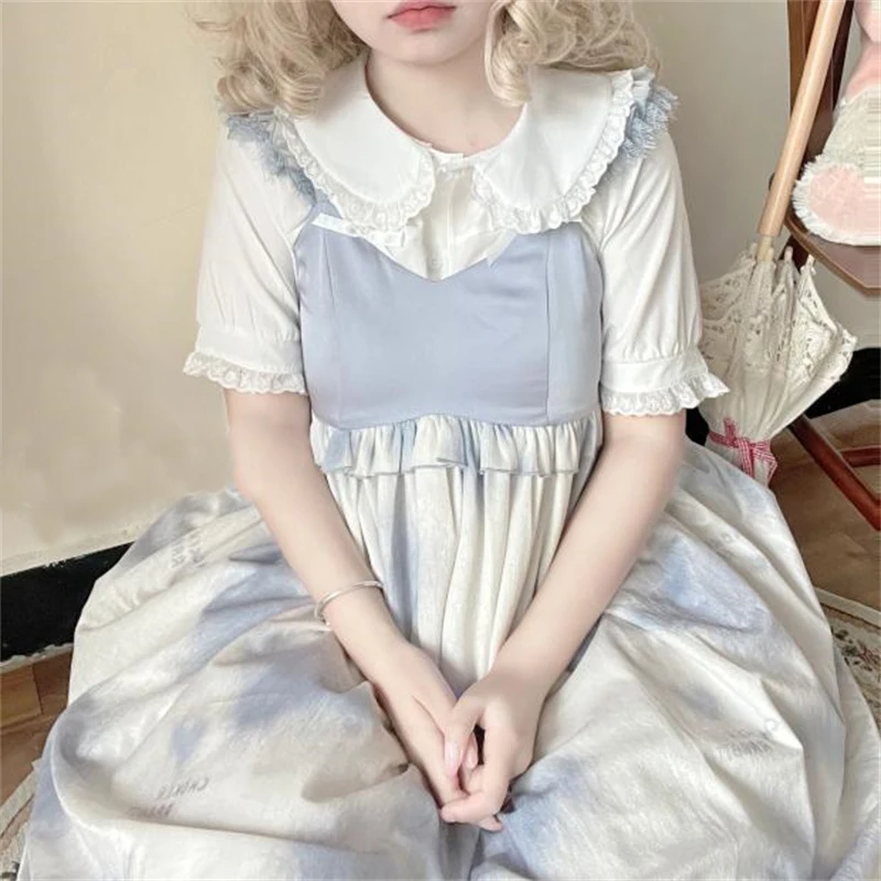 Women Sweet Lolita Shirt Casual Lace Peter Pan Collar Blouse White Short Sleeve Tops Summer Underwear Japanese Style Party