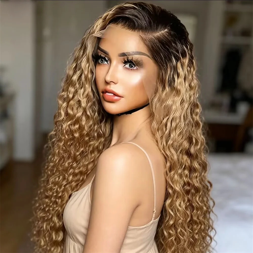 

26Inch Kinky Curly Ombre Blonde 180%Density 13*4*1 Lace Front Wigs For Women With Baby Hair Synthetic Fiber Daily Wear Wigs