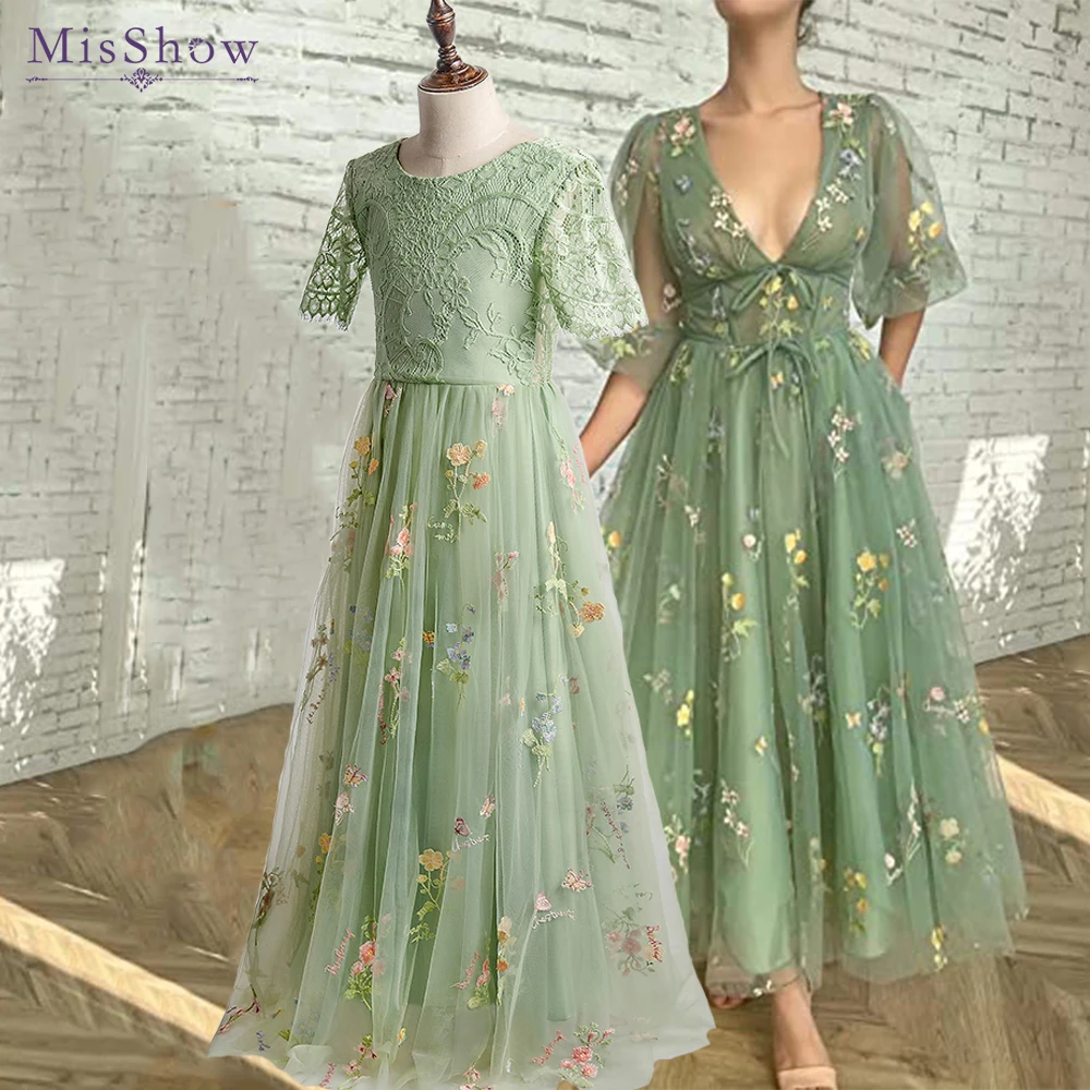 MisShow Sage Green Floral Embroidered Tulle Flower Girl Dresses Summer Lace Wedding Party Bridesnaid Dress Kids 3-9 Years