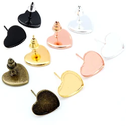 12mm 20pcs Silver Color Bronze Gold Color Heart Earring Studs,Earrings Blank/Base,Fit 12mm Glass Cabochons;Earring Bezels