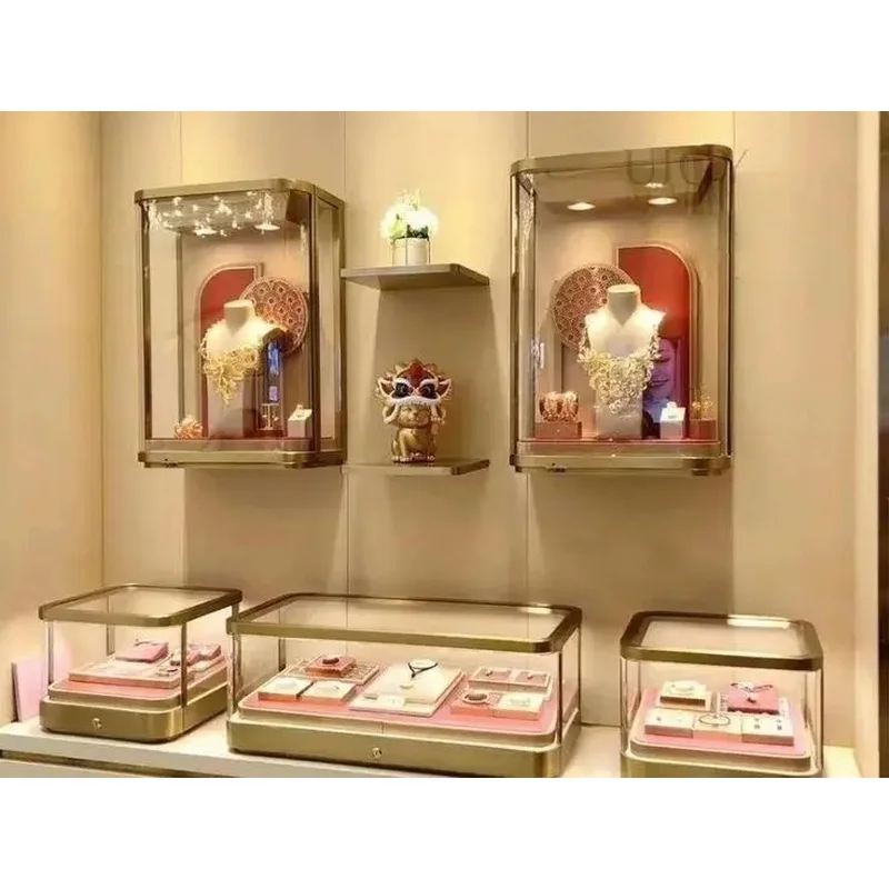 custom.Luxury Royal Blue Jewelry Display Counter Set Curved Bronze Stainless Steel Island Showcase