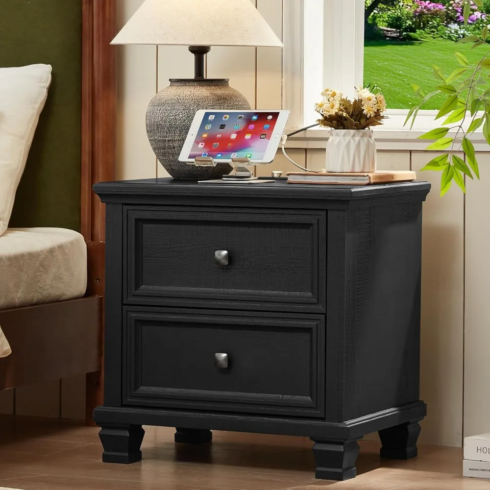 

Farmhouse Nightstand with Charging Station, Rustic Low Night Stand with 2 Drawers, Mid-Century Modern End Table with 4 Square So