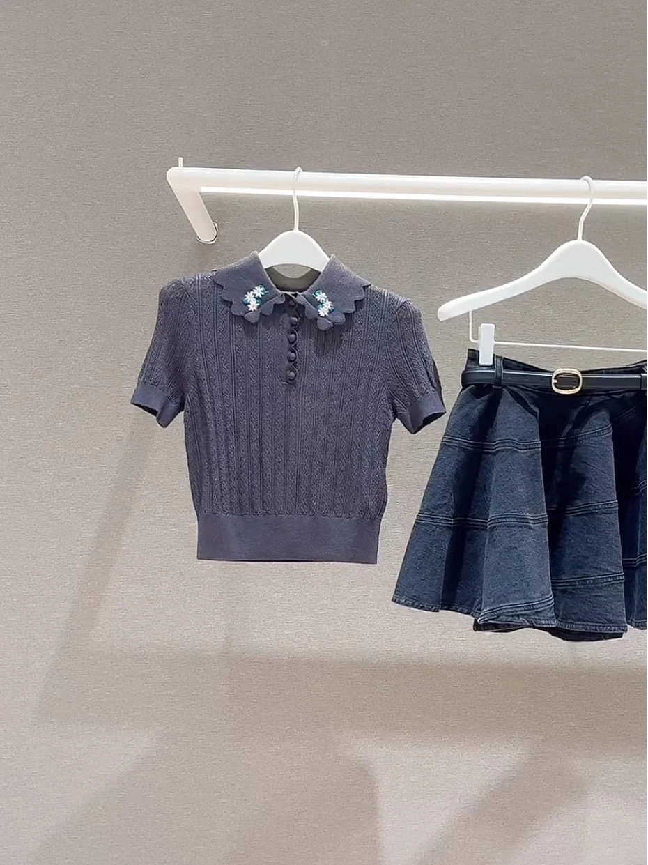 

Heidd SP2025 ey Series с вышитым кружевным воротником, облегающий вязаный свитер ort Sve, женский модный осенне-зимний топ