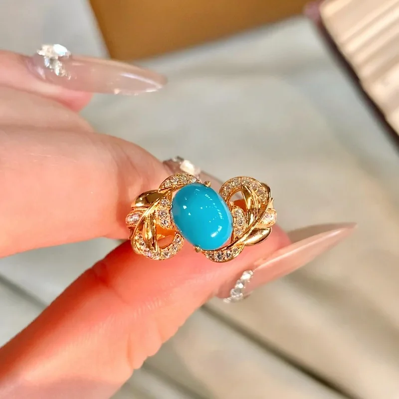 Classic retro wave hollow out turquoise rings for women luster light luxury refreshing blue oval ring banquet fine jewelry