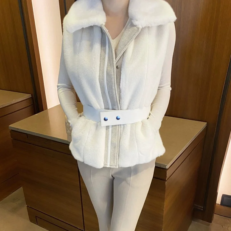 

Women's Chic Casual Autumn Winter Vest Fur Trimmed Waist-Cinching Outerwear with Belt Other Fur pes Commute Sle