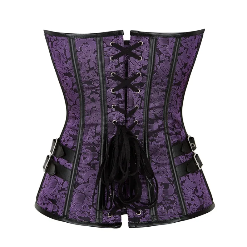 Steampunk Corsets and Bustiers Plus Size Purple Leather Corset Steel Bone Spiral Tops Chain Gothic Vintage Outwear Corselet image 3