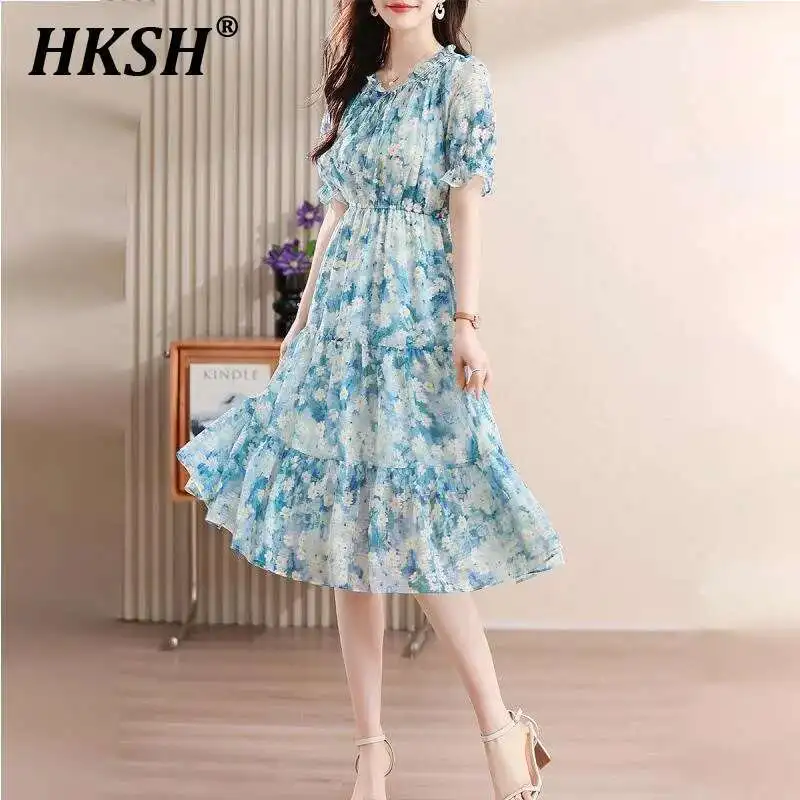 

HKSH Floral Chiffon Dress For Women 2025 Spring Summer New Seaside Vacation Temperament Fresh Long Skirt Fashion Chic Y2K HK4449