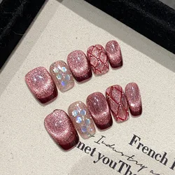 Handmade Press on Nails Glitter Raspberry Wine Red French Cat Eye Fake Nails Wearable Full Cover Sweet Korean Short False Nails