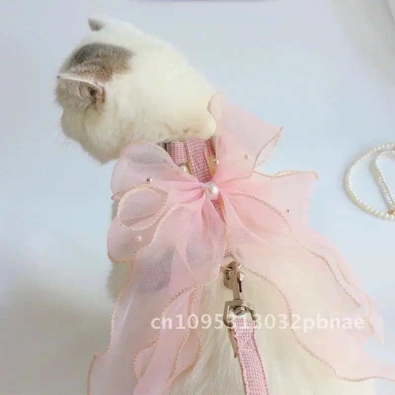 

Handmade Cat Traction Rope with Big Bow Fairy Design Nylon Chest Strap Anti-Break for Small Dogs Blue Ribbon Color