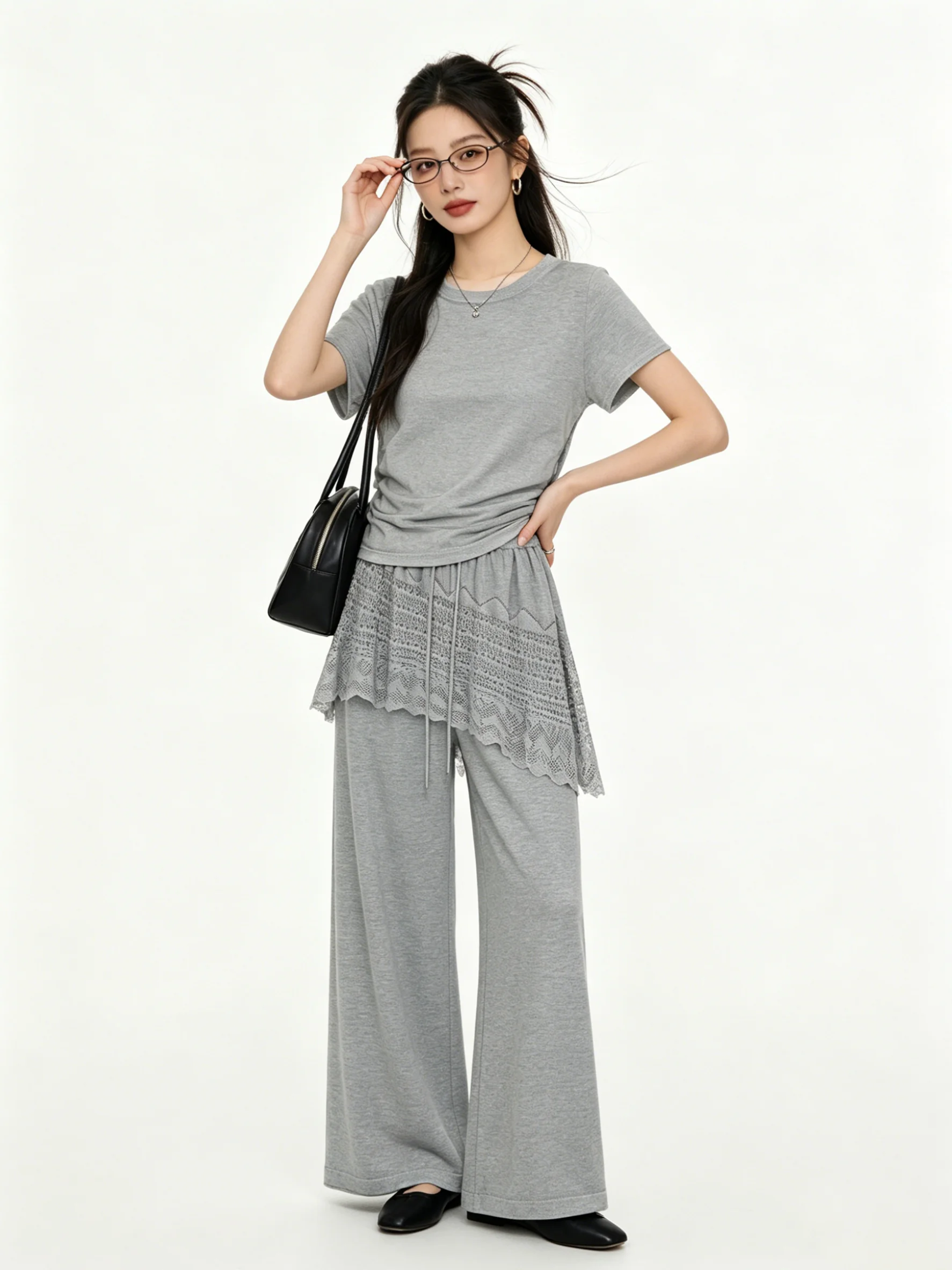 

Korean Style V-Neck Short Sleeve T-Shirt Casual High Waist Pants Breathable Summer Fashion Set Asymmetrical Splicing Design