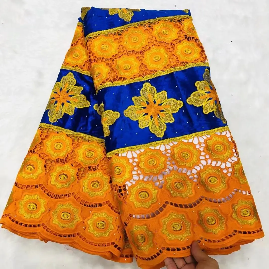 

5Yards/Lot Wonderful Blue Velveteen Fabric African Soft Velvet Material Orange Guipure Lace Flower Embroidery For Dressing LS29