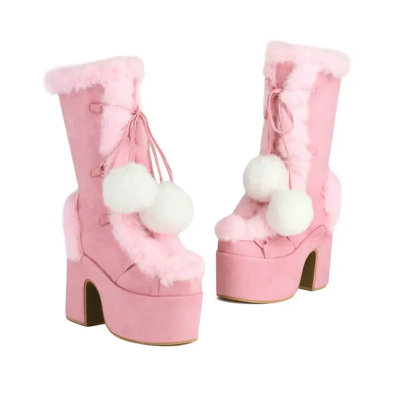 

Plus Size 45 46 Cold Winter Super Warm Plush Lined Women Fur Shoes With Pompom Chunky High Heels White Pink Platform Snow Boots