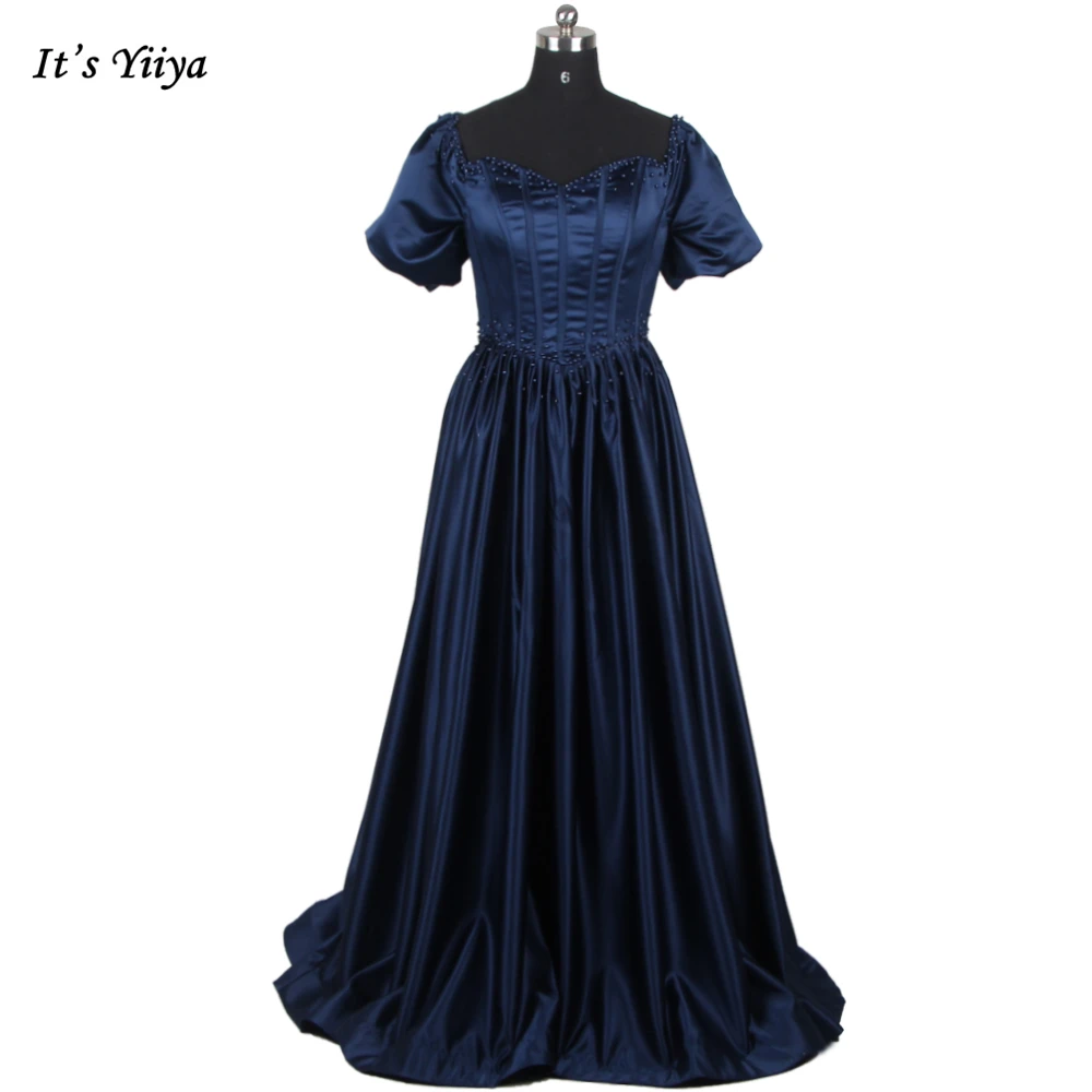 

It's Yiiya Evening Dress Navy Blue Satin Short Sleeves Beading Lace up A-line Floor Length Plus Size Women Party Dresses B2324