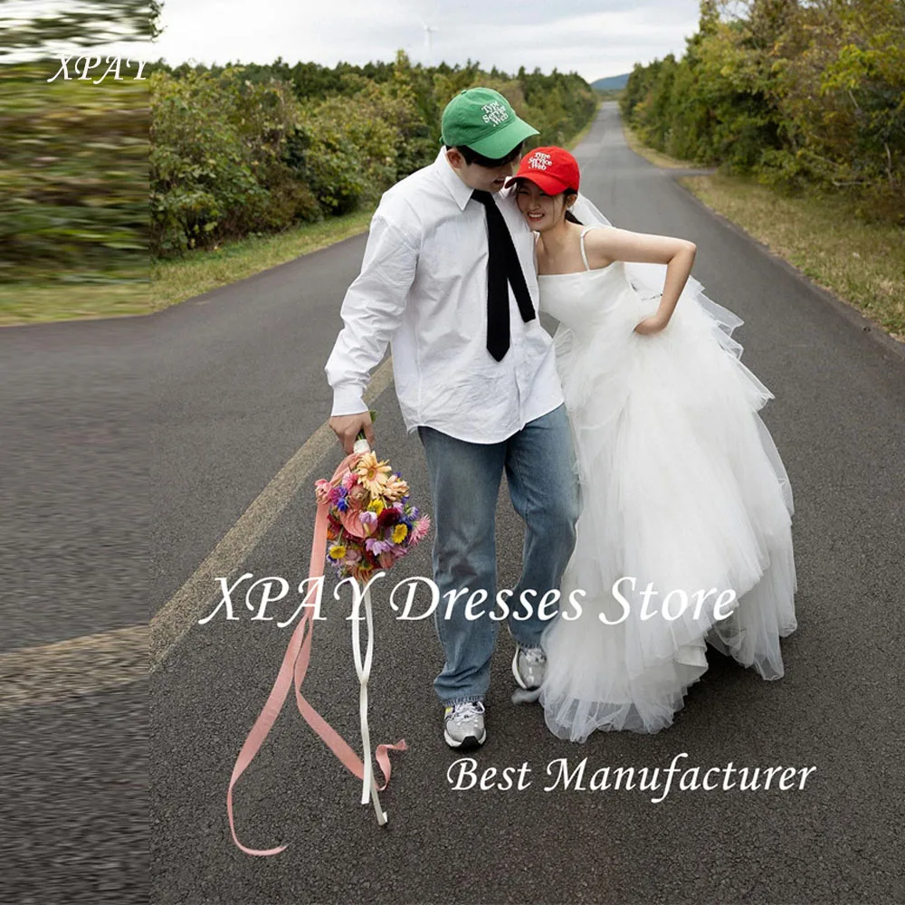 

XPAY Fairy White Soft Tulle Wedding Dresses Korea Photo shoot Spaghetti Straps Country Bride Gowns Corset Back Customized