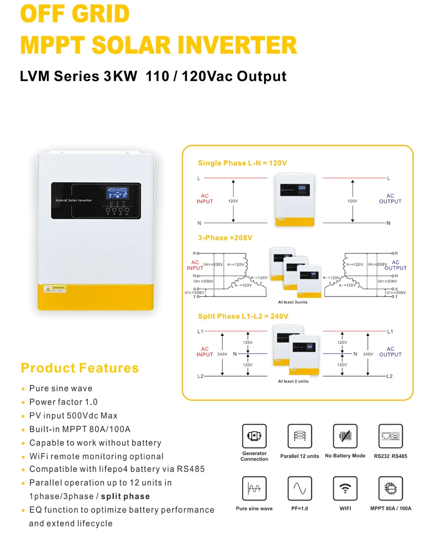 Imagem -03 - Inversor Solar Híbrido Inversor ac Dividido de Fase Controlador Mppt Paralelo 12 Inversores dc para 120v 240v 3000w 48v 500v dc 48v