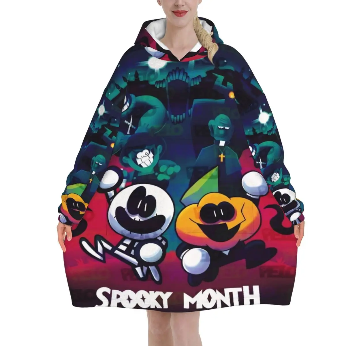 Spooky Month Wearable Blanket Hoodie for Women Men Oversized Sweatshirt Blanket with Pocket