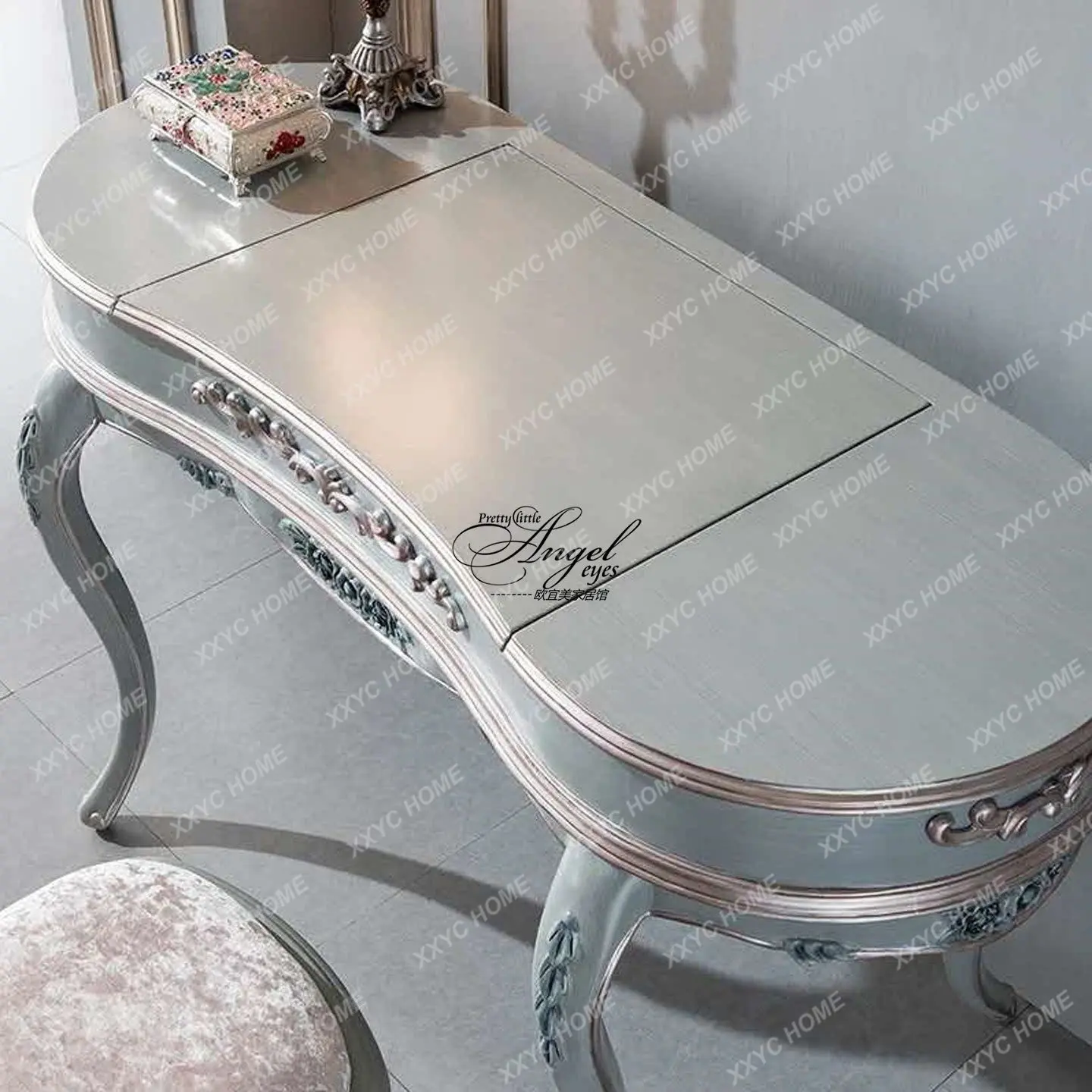 Neoclassical solid wood carving flower dresser simple bedroom storage cabinet integrated flip makeup table mirror