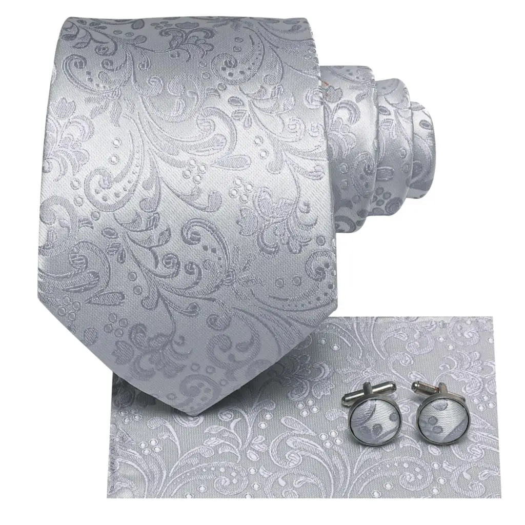 Mens Necktie Luxury 8.5cm Wide Floral Silver Silk Wedding Tie Pocket Square Cufflink Set Brooch Gift For Men Hi-Tie Designer