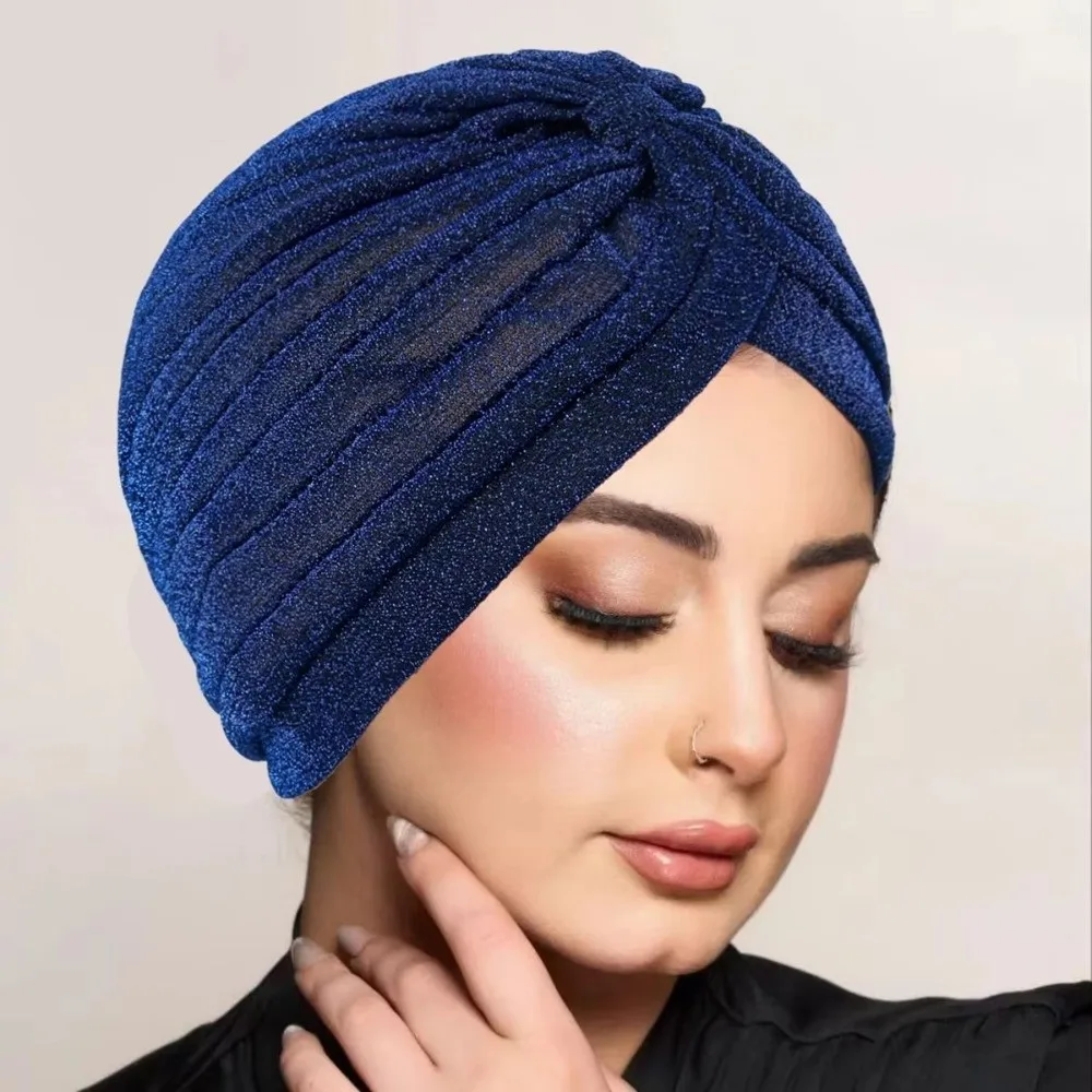New Shiny Hijab Caps Elastic Soft Polyester Twist Knot Turban Hat Breathable Wrap Style Cancer Chemo Hat Hair Loss