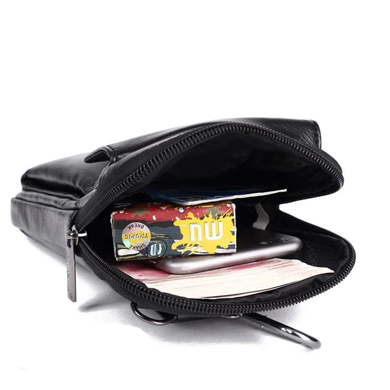 Genuine Leather Men Mini Messenger Shoulder Bag Cell Mobile Phone Case Male Real Cowhide Cross Body Hook Belt Fanny Waist Pack