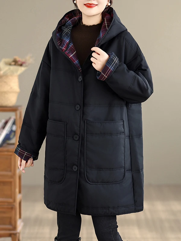 Fall Winter Plaid Color Block Hooded Thickened Large Size Cotton Jacket mid Length Coat Retro Style Women's Online Exclusive