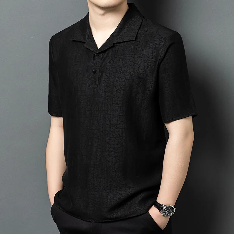 

Real Silk Men's Gambiered Guangdong Short Sleeve Shirt Middle-Aged Thin Half Top Clothing