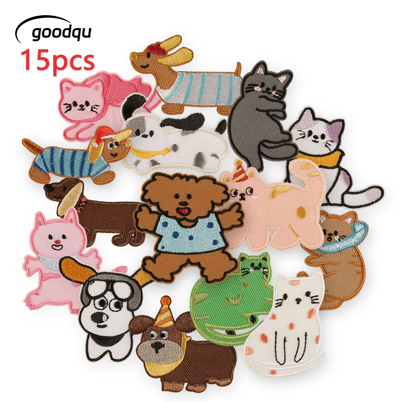 15 Stück selbstklebende Aufnäher für Hunde und Katzen, niedliches Tier für Kleidung, Kinder, bestickte Eisen-Aufkleber-Packung, zum Nähen von Parches, Stoff, Jacke, DIY – Detail 1
