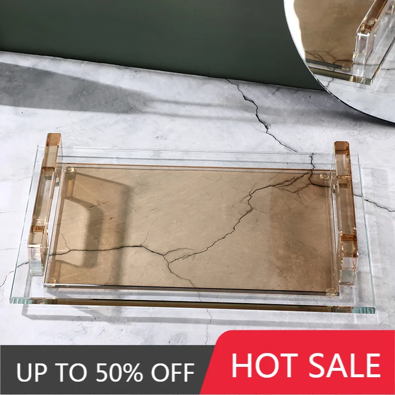 Crystal Tray With Handle Luxury Nordic Simple Storage Trays Tea Cup Fruit Storage Plate Home Kitchen Organizer Decorative Trays