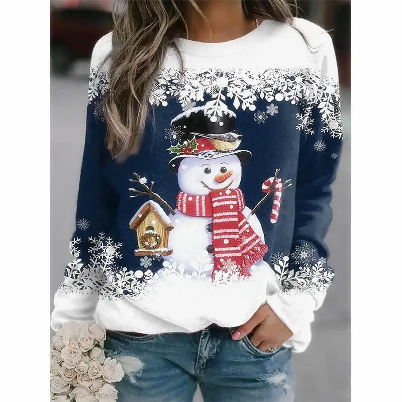 

3D Printed Christmas Women's Sweatshirt Cartoon Design Comfortable Cotton Crew Neck Pullover for Holiday Wear