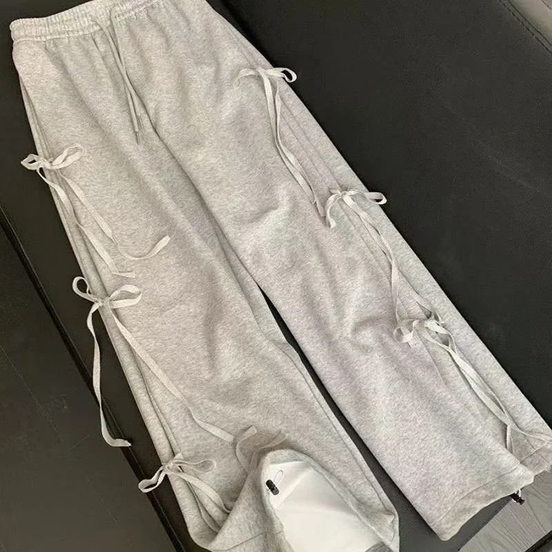 

Серые спортивные штаны в корейском стиле, женские весенние винтажные прямые широкие брюки с бантом на шнуровке, модные трендовые свободные длинные брюки