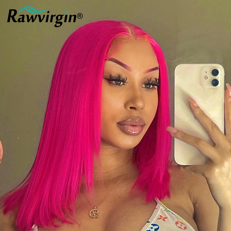 200% 13x4 Hot Pink Short Bob Wig Raw Lace Front Human Hair Wigs 613 Colored Virgin Human Hair Silky Straight Transparent Lace